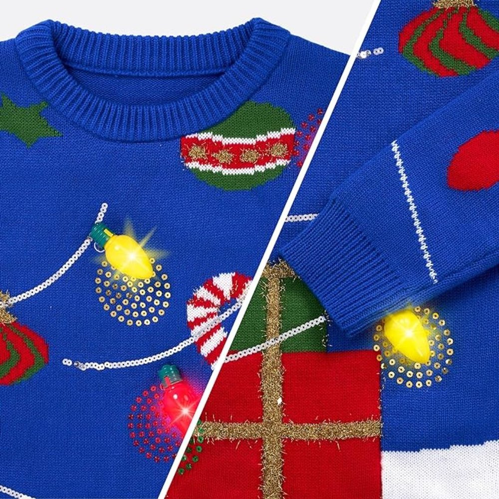 NWT UGLY Christmas Sweater BLUE LED Ornaments Lights Up - Picture 3 of 6